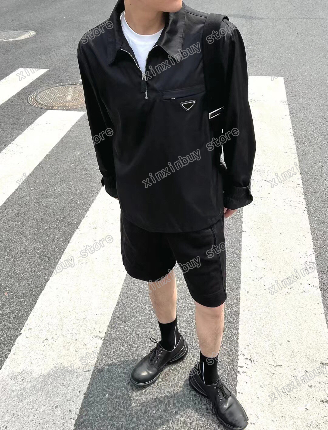 

22ss Designers Nylon Jackets Men Women Metal triangle pockets Milan Half zipper Lapel Neck Streetwear black S-XL