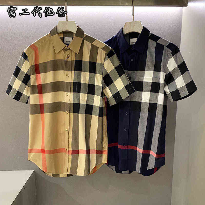 

Designer Shirts Burberys Shirt Rich second generation 22 summer new B high-end fashion explosion men and women's classic casual Plaid short sleeve shirt, Navy