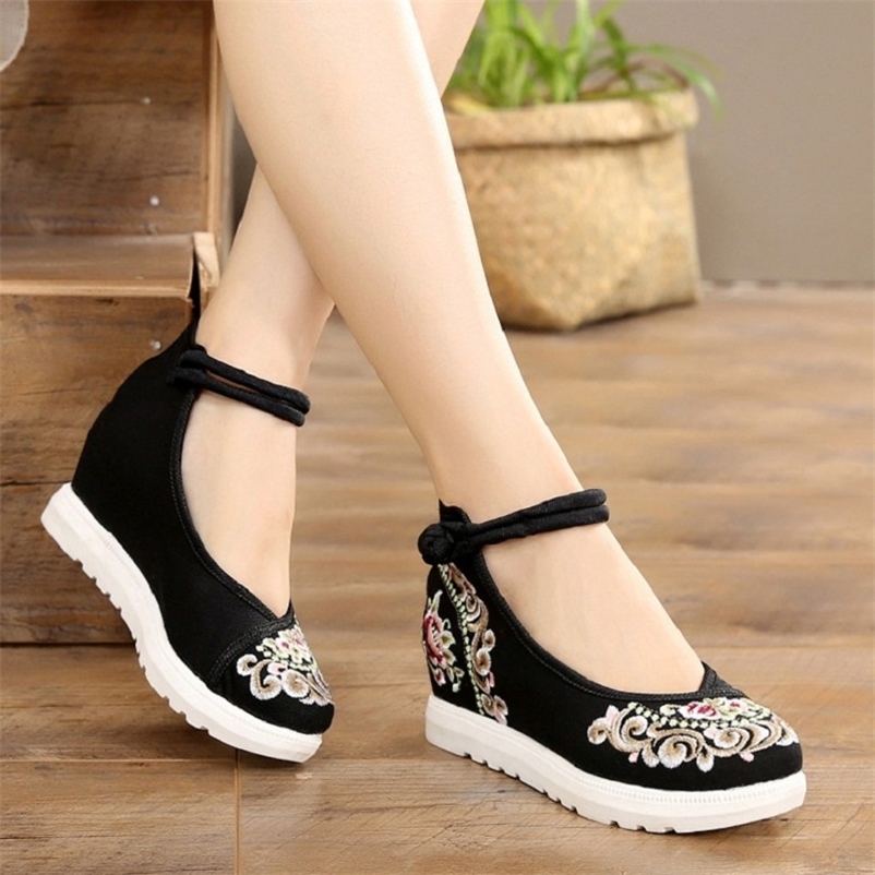 

Women Canvas Increasing Height Ankle Strap Spring Autumn China Style Vintage Embroiders Wedges Heels Lady Buckle Shoes 0907 220322, Black 1