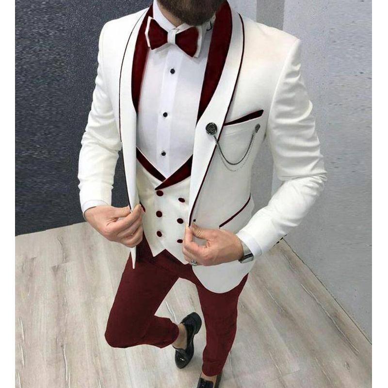 Costumes pour hommes Blazers Slim Fit Casual Hommes 3 pièces Tuxedo de marié pour le bal de mariage Bourgogne et blanc Costume de mode masculine