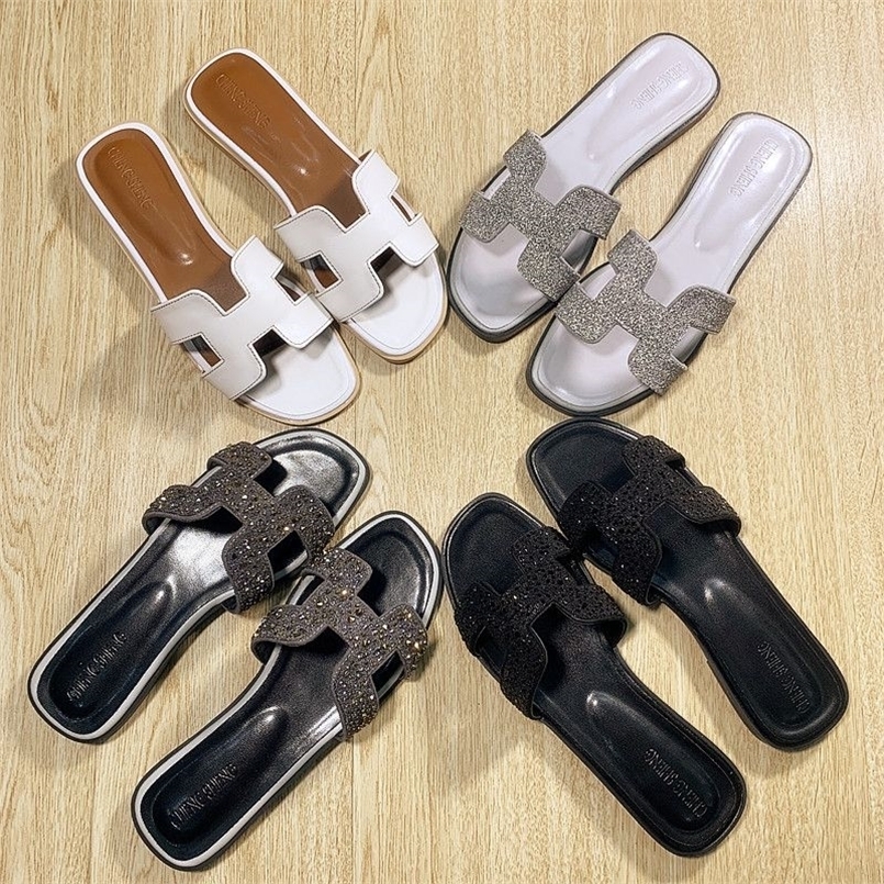 

Designer Oran Slippers Herme Slides version h slippers womens summer fashion outdoor flat bottomed flip flops Htype water drill heel cool, Grey czech diamond