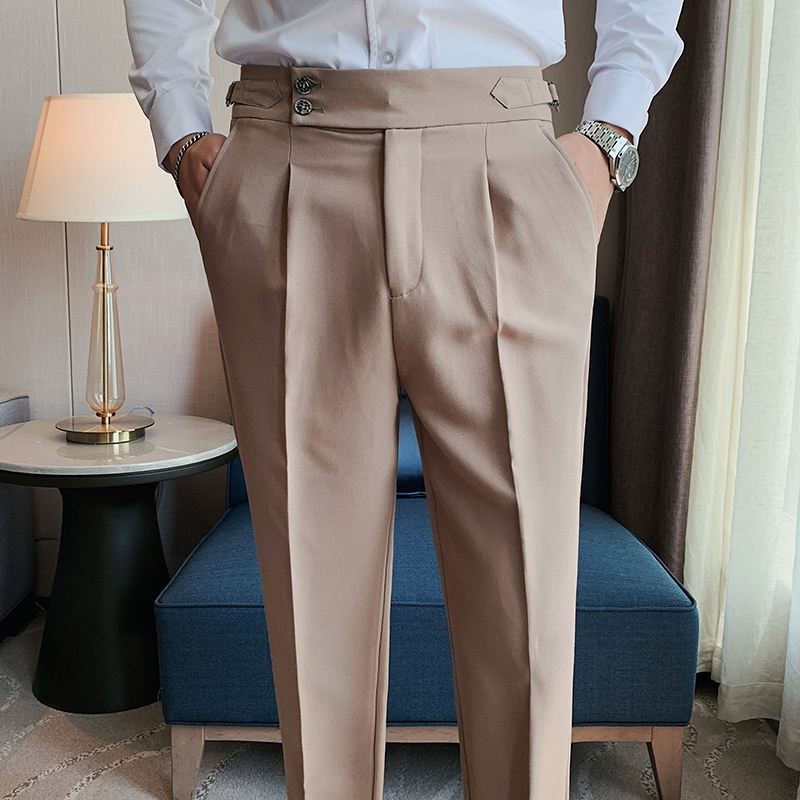 

British Style Men Naples Draped High-waist Trousers High Quality Solid Color Business Formal Pants Male Office Social Suit Pants, Light green