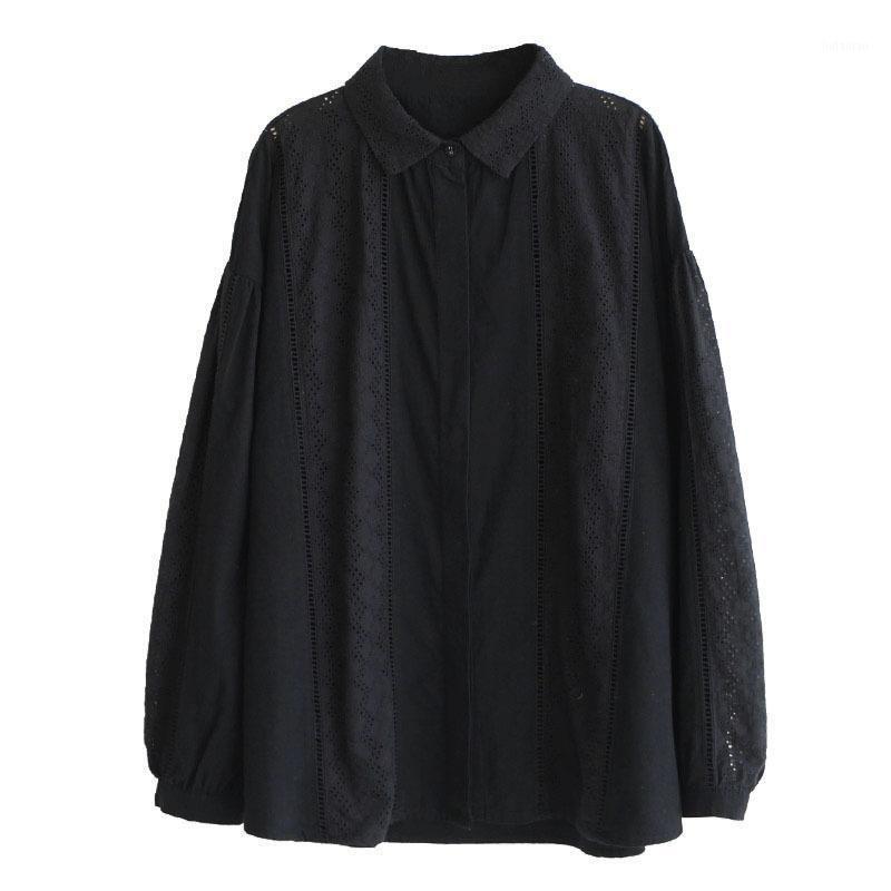 

Women's Blouses & Shirts 8910 Spring Clothing Shirt Artistic Commuter Solid Color Long Sleeve Lapel Hollow Embroidered Mid-length, Black