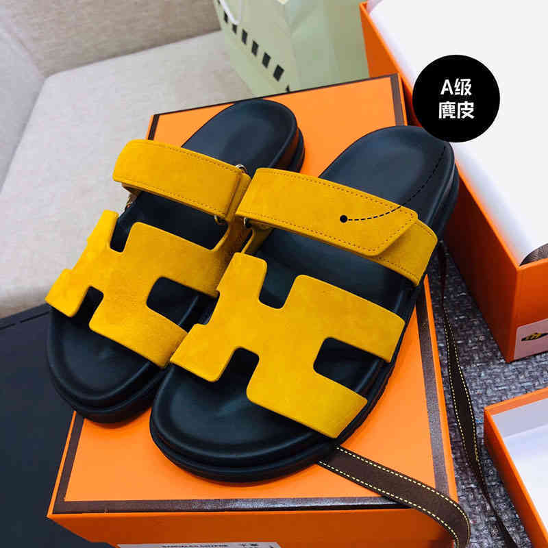 Original Herme Slippers Designer version European station thick soled sandals couple style h summer deerskin flip flops cute Velcro second
