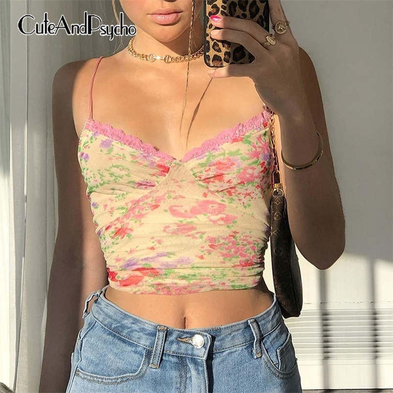 

Floral Print y2k Women s Crop Top Summer Lace Patchwork Sexy Sleeveless Tops Backless Bodycon 90s Camisole Beach Cuteandpsycho LJ200818, Multi
