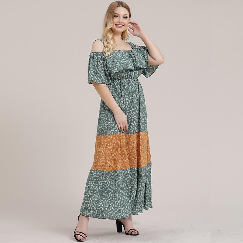 

Plus Size Dresses Boho Dress Women 2022 Summer Ruffles Slash Neck Cold Shoulder Beach Floral Print Contrast Maxi Long DressesPlus, As photo