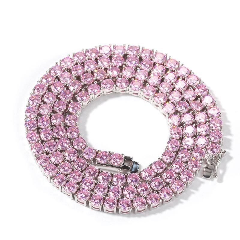 

Chains Pink Stone 4mm Tennis Chain Gold Silver Color Hip Hop Iced Out CZ Chocker Statement Necklace Charm Gift For Men Women