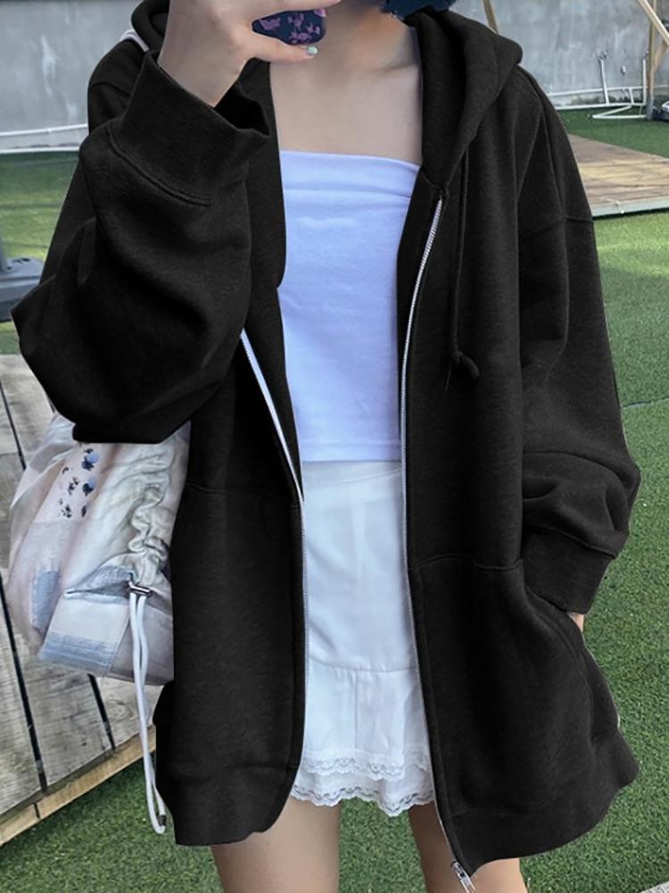 

Women's Hoodies & Sweatshirts Y2k Clothes Female Hooded Solid Zip Up Drop Shoulder Hoodie Kawaii Women Oversize Coat Streetwear TopsWomen's, Black