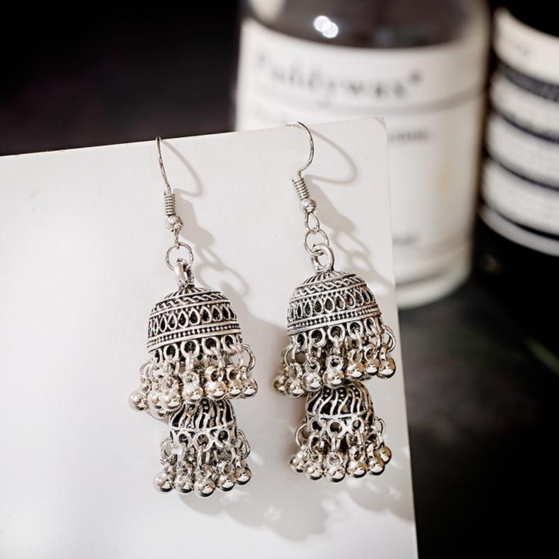 

Dangle & Chandelier Retro Jewelry Boho Ethnic Gypsy Afghan Silver Color Double Bircages Bell Tassel Drop Earrings For Women JhumkaDangle Cha