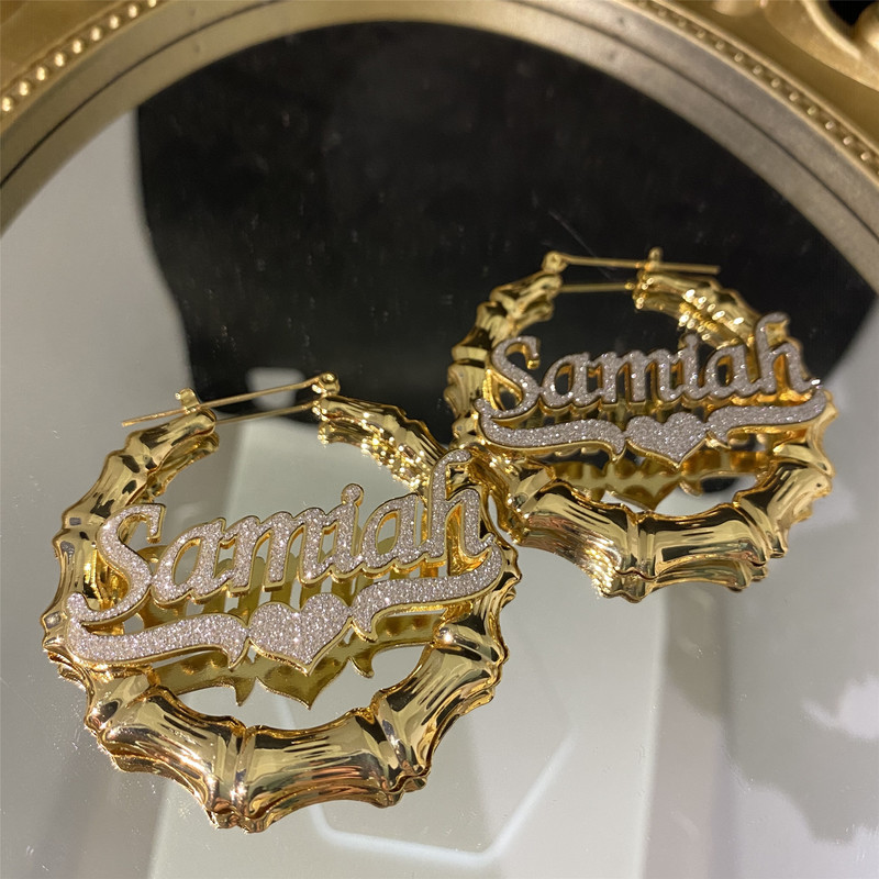 Custom Bling Name Bamboo Earrings Colorful Bamboo Hoop Earrings Big Hoops Personalized Bling Earrings for Women Gifts 220721