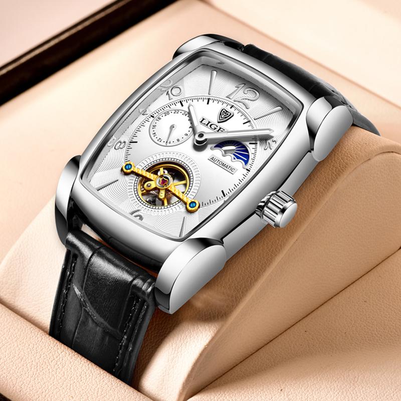 

Wristwatches LIGE Men Watch Luxury Wristwatch Square Automatic Watches For Fashion Genuine Leather Waterproof Tourbillon Mechanical, Gold white