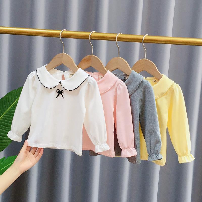 

T-shirts Autumn Baby Girls Tshirt Casual Korean Style Kids Doll Collar Solid For Girl 1-6 Years Toddler Long Sleeve TopsT-shirts, Gray
