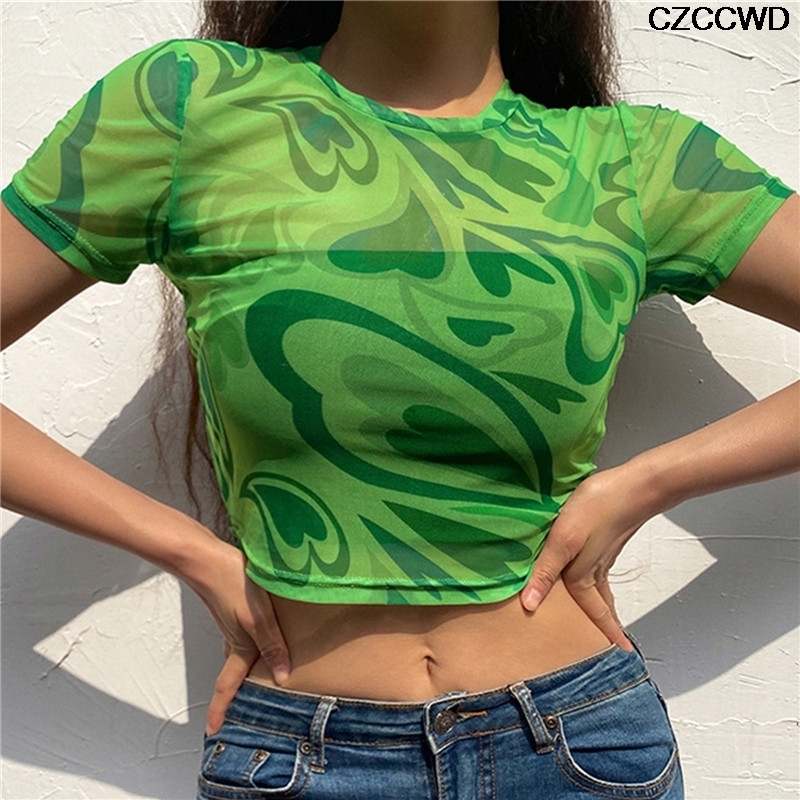 

Tshirt Women Summer Pink Heart Printed Aesthetics See Through Mesh Korean Short Sleeve For Sweet Kawaii Y2k Girls Crop Top 220615