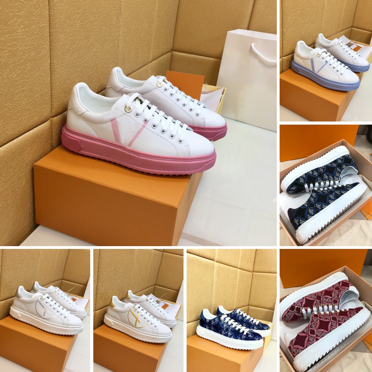 

Designer Luxury Women Casual Shoes Timeout Sneakers Soft Embossed Lambskin Calfskin Trim White Pattern Outsole Retro style Fashion, Color 1