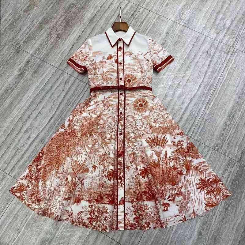 

Luxury Brand Clothes Nanyou 22 summer new d home positioning printing cotton fashion slim Lapel short sleeve medium long swing dress women, Wine