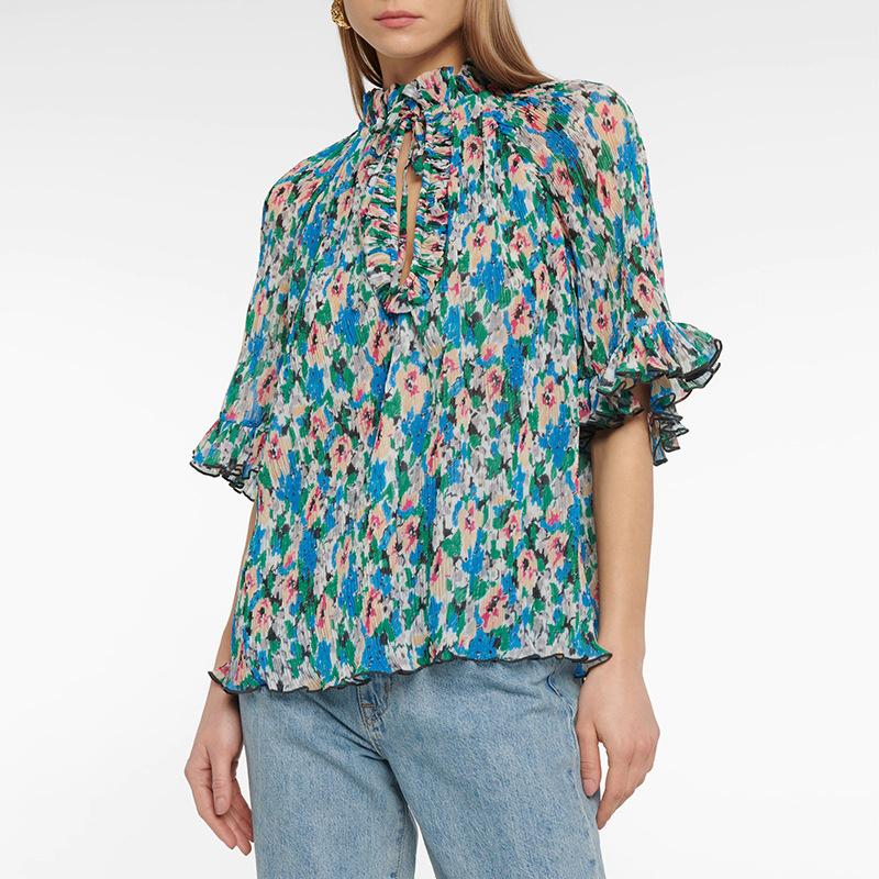 

Women's T-Shirt Spring 2022 Summer Arrival Women Shirt Pleated Decorative Print Mid-sleeve Chiffon Blouses French Style Casual BrandWomen's, Blue