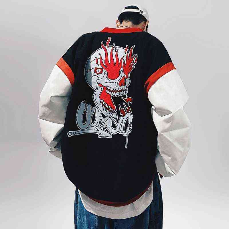 

Hip Hop Baseball Jacket Mens Women Streetwear Vintage Embroidered Skeleton Letter Leather Patchwork Varsity Coats 2022 Spring T220728, Black