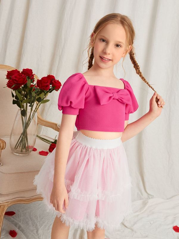

Girls Bow Front Top & Layered Hem Mesh Skirt SHE, Multicolor