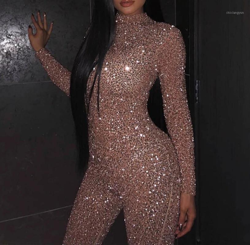 

Women' Jumpsuits & Rompers BKLD Long Sleeve Jumpsuit 2022 Bodycon Bodysuit Sequin Clubwear Sexy Autumn Champagne Gold Womens Pants