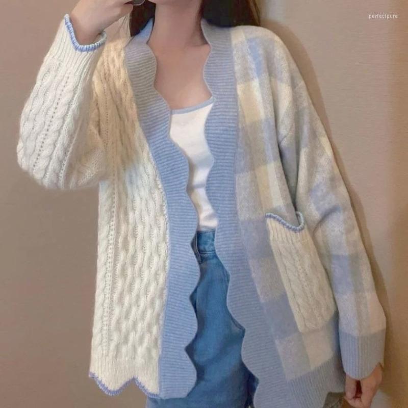 

Women' Knits & Tees Kio Autumn Plaid Knited Sweater Cardigan Women 2022 Korean Parchwork Knitting Coat Female Designer Winter Clothes Perf2, Blue