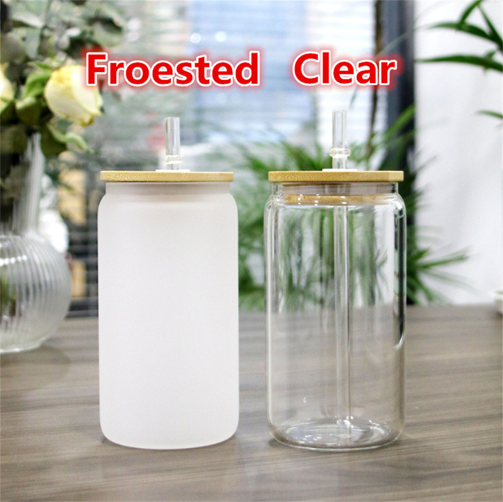

US 2 Days Delivery 16oz Sublimation Glass Beer Tumblers Glass Water Bottle Can Mugs Drinking with Bamboo Lid and Reusable Straw Wholesale, Clear with straw and lid