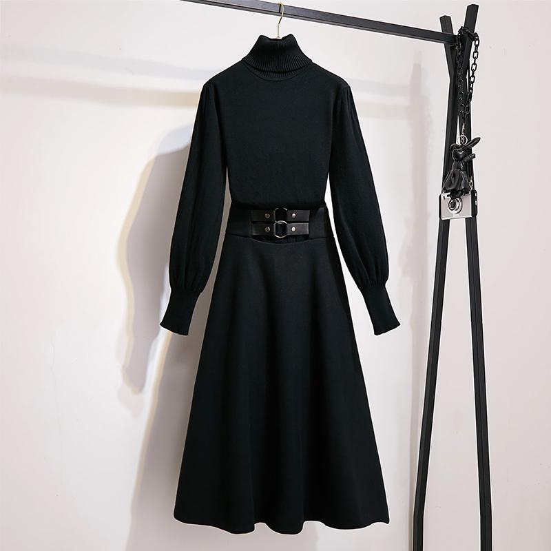 

Work Dresses JSXDHK Women Sweater Two Piece Set Fall Winter Turtleneck Knitted Lantern Sleeve Pullovers + High Waist Swing Woolen Skirts Sui, Black