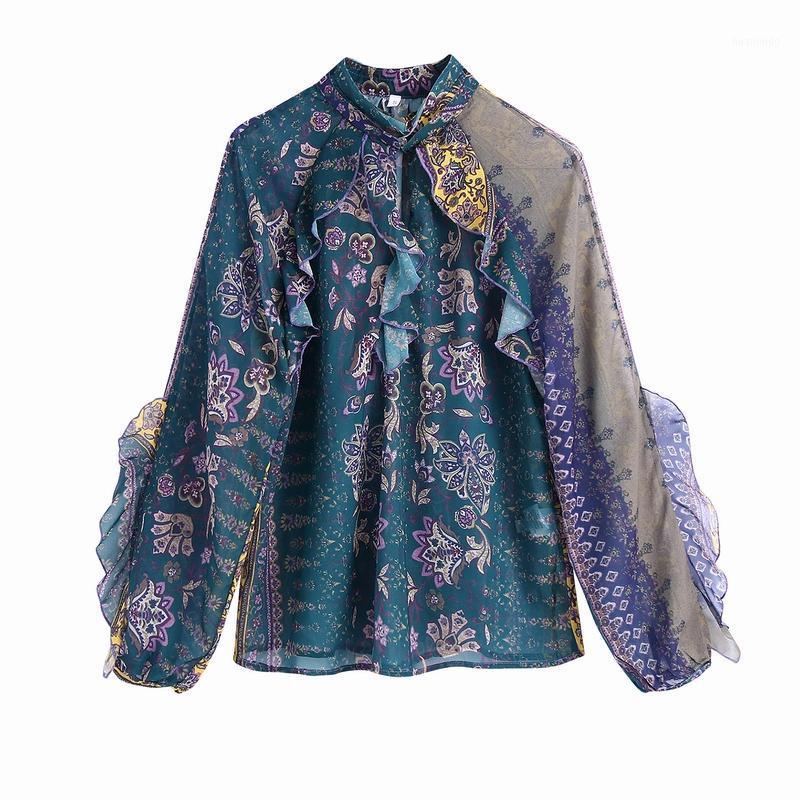 

Women Ruffle Shirt Spring 2022 Fashion Full Sleeve Vintage Prints Top Modern Lady Blouse Women's Blouses & Shirts, Black
