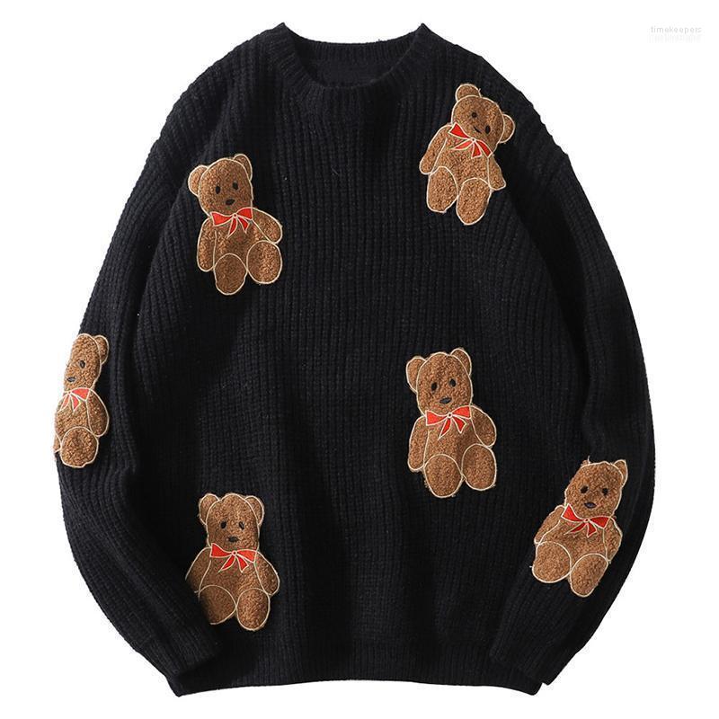 

Embroidery Cartoon Bears Knitted Jumper Sweaters Streetwear Hip Hop Men 2022 Harajuku Casual Knitwear Sweater Fashion Tops Male Men's Time22, Black