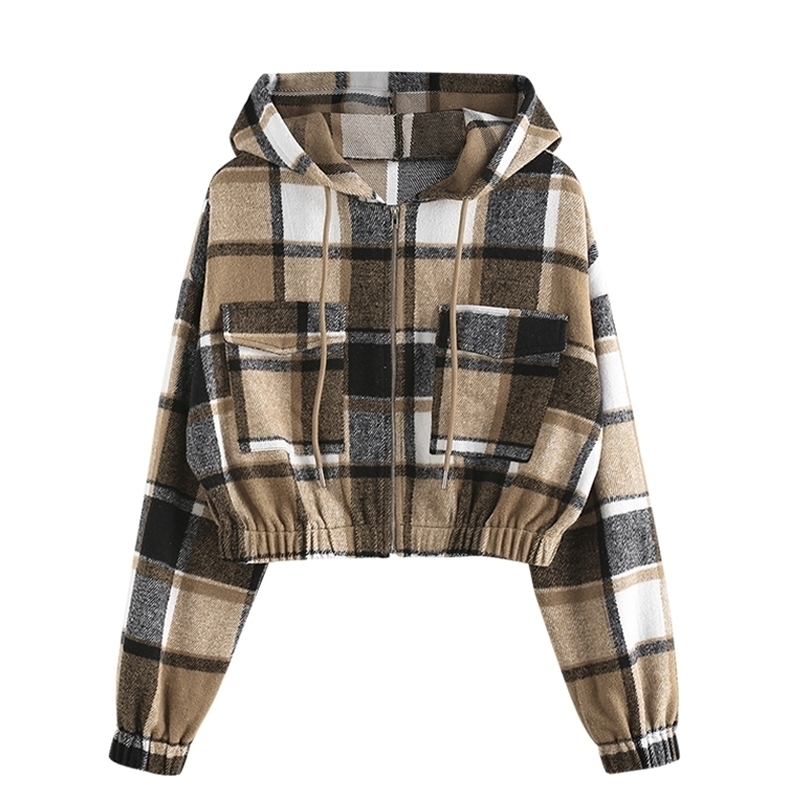 

Plaid Flannel Flap Pocket Zip Hooded Jacket Women Drop Shoulder Coat Zip Up Short Jacket Winter Outwear 220812, Black