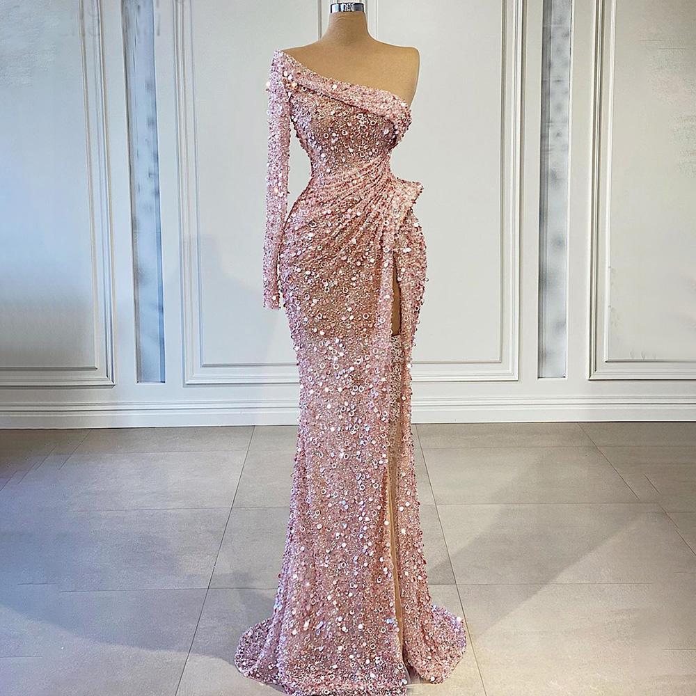 Robes de soirée à paillettes roses une épaule formelle fente latérale robes de bal sirène