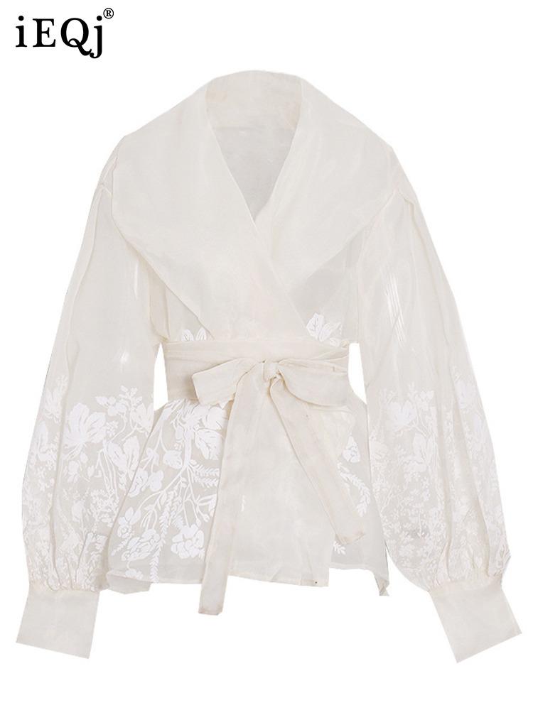 

Women' Jackets Sexy Style Lace Patchwork Shirt Female Bubble Sleeve Lapel Bandage Fashion Women' Blouse Autumn 2022 Clothing, Apricot