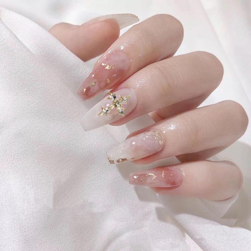 

False Nails 24Pcs Short Ballerina Nail With Gold Color Diamond Full Cover Fake Detachable Coffin Shiny Manicure Tool, Only false nail
