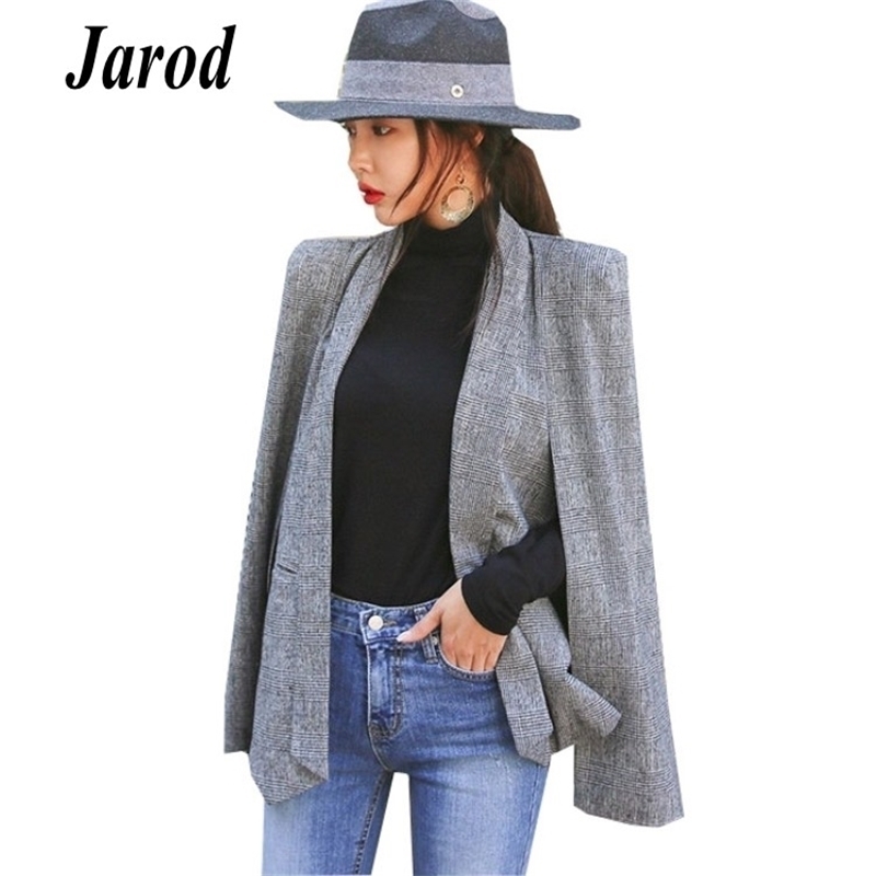 

Long Sleeve Cape Blazer Coat Women Notched Split Cloak Jacket Suit Womens OL Office Workwear plaid black 210526, Picture color