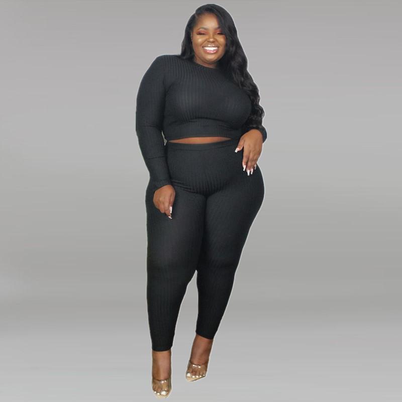 

Women's Plus Size Tracksuits -5XL Wholesale Fashion 2022 Winter Solid Color Rib Slim Long Sleeve Top & Pants Suits Two Piece Set Women, Black
