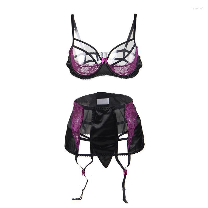 Bras Sets 3pcs Women Bottoms Sleepwear Babydoll Lingerie Garter Set Plus Size Lace Purple Erotic Open Cup Bra With Rim R80418