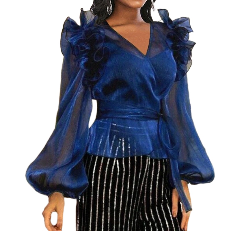 Chemises de chemisiers de femmes Blue Sexy See Through Lantern à manches Lantern Top Femmes Bloud Blouse Blouse Mesh Mesh Maxi TUNIC FEMME ELEGAN