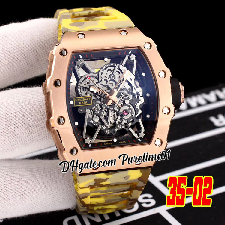 

2022 Rafael Nadal Miyota Automatic Mens Watch Rose Gold Skeleton Dial Yellow Gray Camouflage Rubber Strap Watches Puretime01 E137-3502-B2, E137a (4)