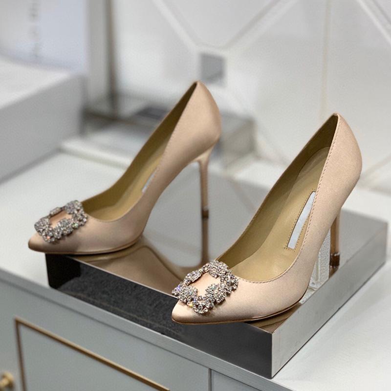 

Brand Women High Heels Sexy Wedding Shoes Silk Square Button Drill Genuine Leather Luxery Shoes Pointed Toe Pumps 9.5CM 34-41 with box, Red