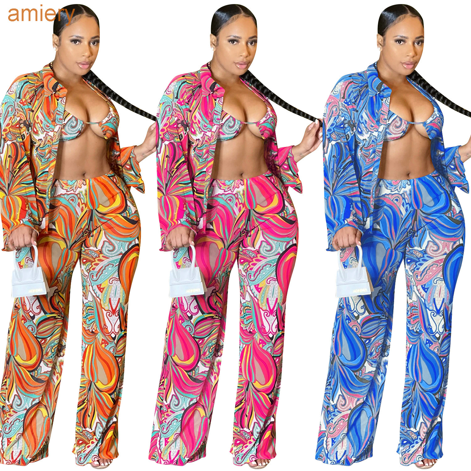 

Elegant Womens Pants Suit 3 Peice Set Sexy Mesh Perspective Printing Long Sleeve Three Piece Outfits For 2022 Summer, Orange