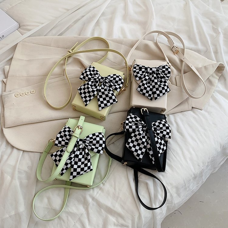 

Spring girls bowknot purse cute women style fashion kids plaid bows single shoulder bag simple crossbody small square bag mobile phone wallets F1205, Mix colors random