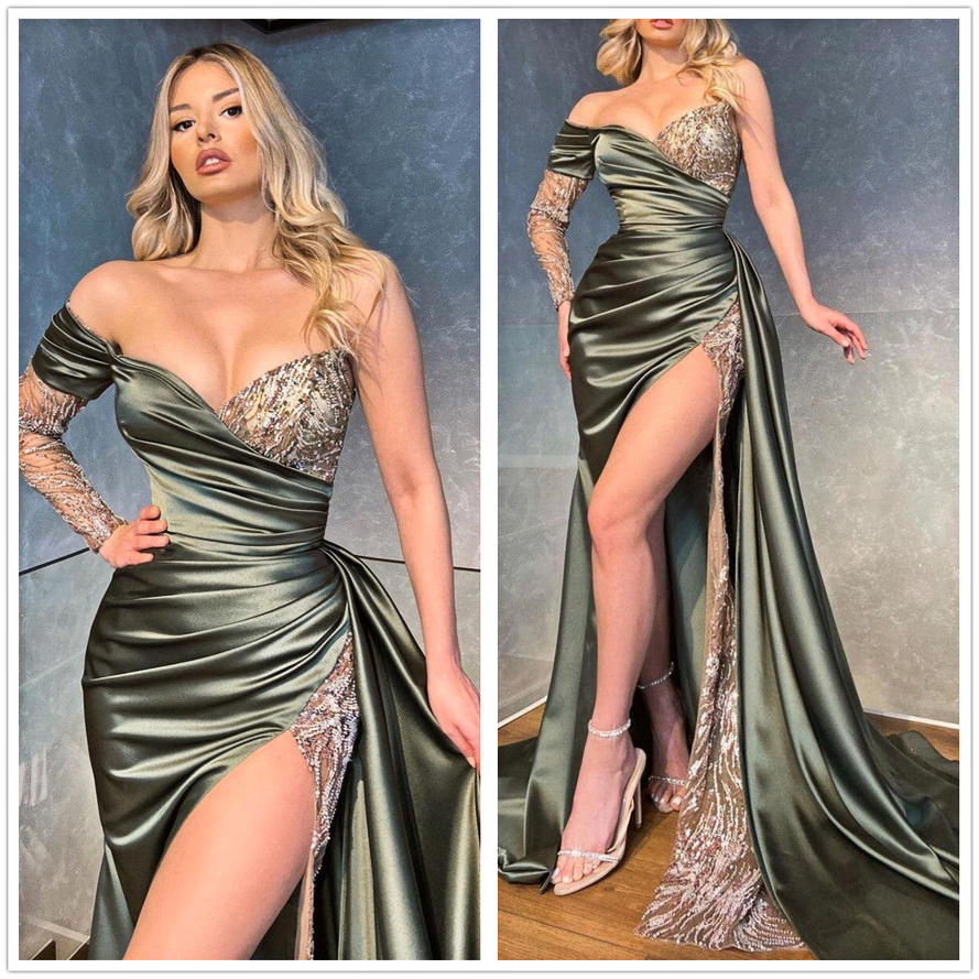 

2022 Elegant Satin Prom Dresses Long Sleeves Sequin Lace One Shoulder High Split Formal Party Evening Gowns BC11404, Royal blue