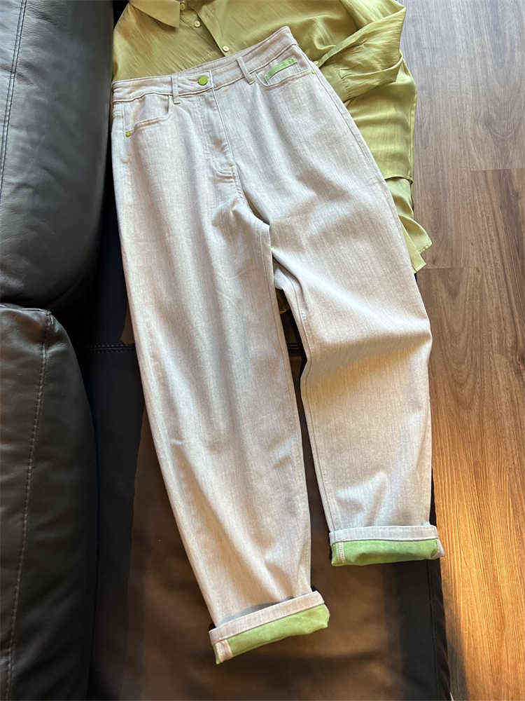 

Splicing Fruit Green Flanging Jeans Women's Summer Simplicity New Light Color Design Straight Pants Female Denim Trousers T220728, Gray