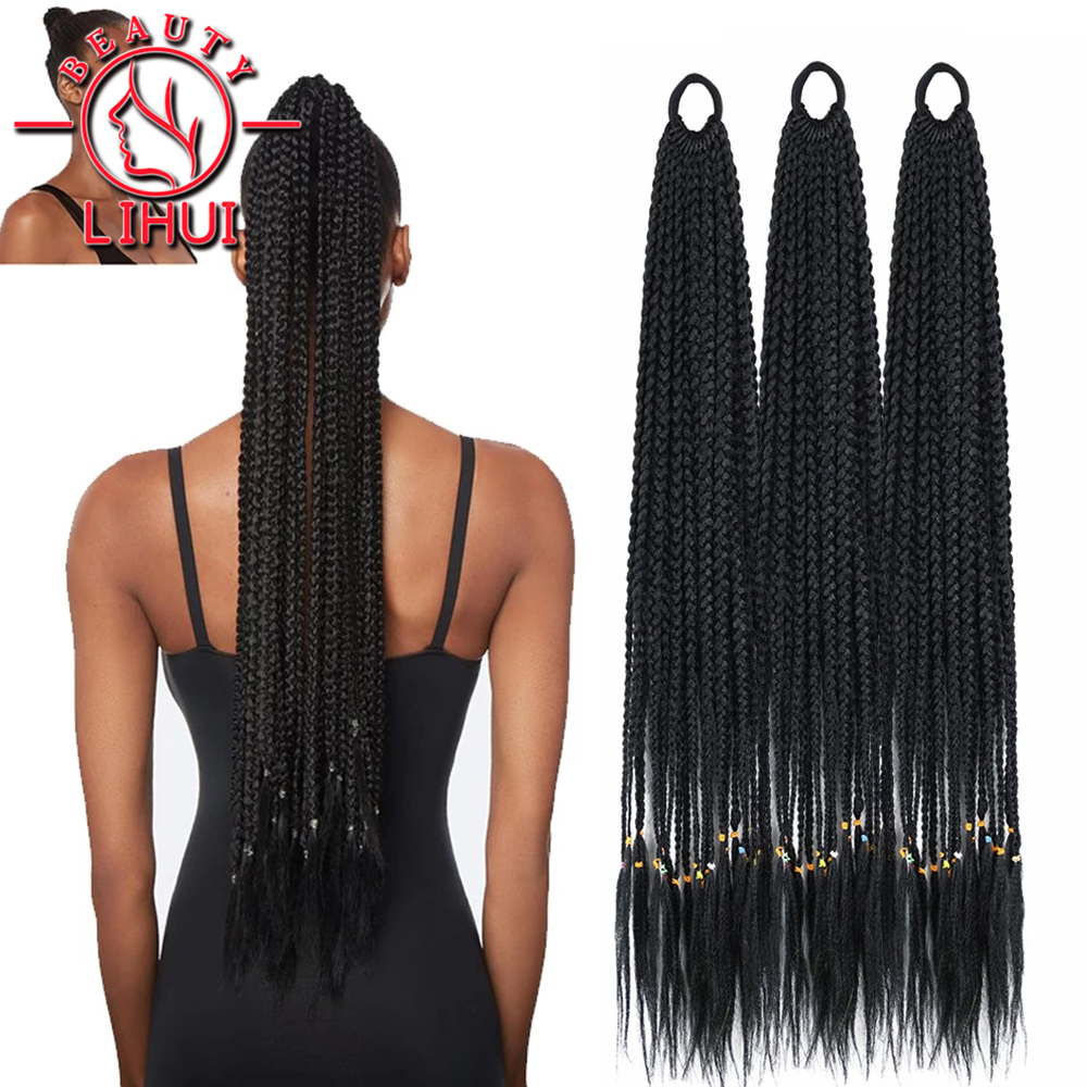 Costume Accessories Overhead tail Synthetic Colored Rainbow Ponytail Hair Elastic Band Extension False Hair Box Braids Pony Tail 24Inch Bla-image-772756139