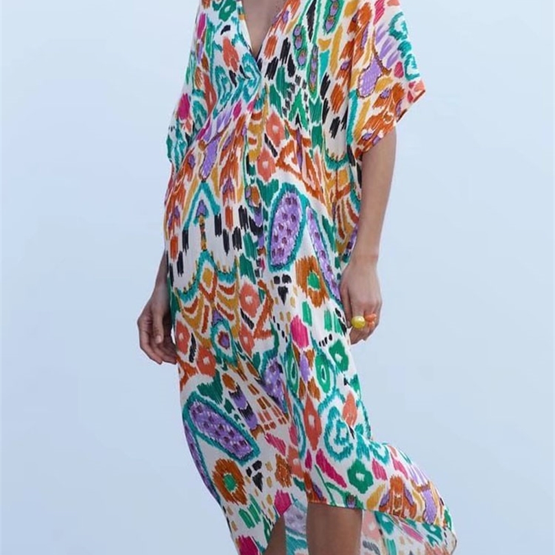 

Kumsvag Summer Women Loose Dress Fashion Print Short Sleeve VNeck Female Elegant Street Split MidCalf Dresses Vestidos 220704
