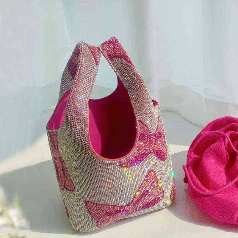 Doux Rose Arc Femmes Sacs Strass Brillant Totes Épaule Petit Corée Sac À Main Diamant Perlé Designer Seau 220610