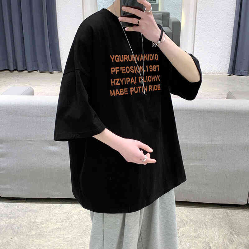 

Ins short sleeve summer loose fashion cotton 5-sleeve t-shirt men' Plus Size T-Shirt Top, White