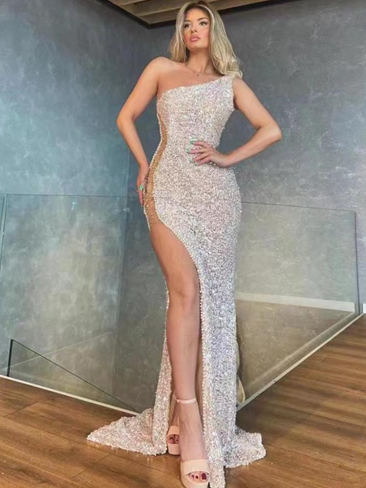 

Party Dresses Women Summer Luxury Sexy One Shoulder Mesh Pearl Silver Sequins Maxi Long Dress 2022 Elegant Evening Club DressParty