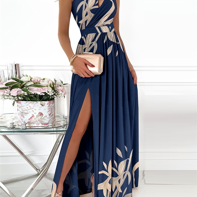 

Summer Elegant One Shoulder Floral Print High Slit Cutout Maxi Party Dress Asymmetric Women Long Wedding Evening Sexy Robes 226014, Blue hua