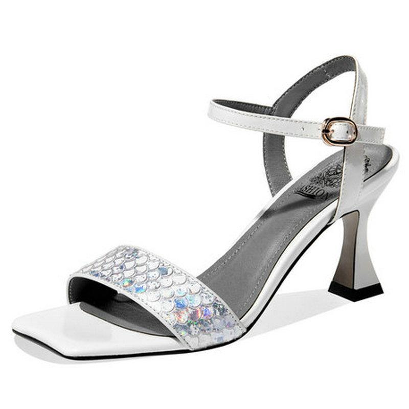 

Sandals Women's Genuine Leather Buckles High Heels For Women 2022 Fashion Party Basic Shoes Woman Size 41 42 43, White