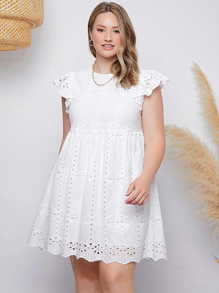 

Plus Size Dresses White Cotton Dress 4XL 5XL 2022 Summer Women Ruffles Sleeve Hollow Out Casual High Waist Short Mini Echm22